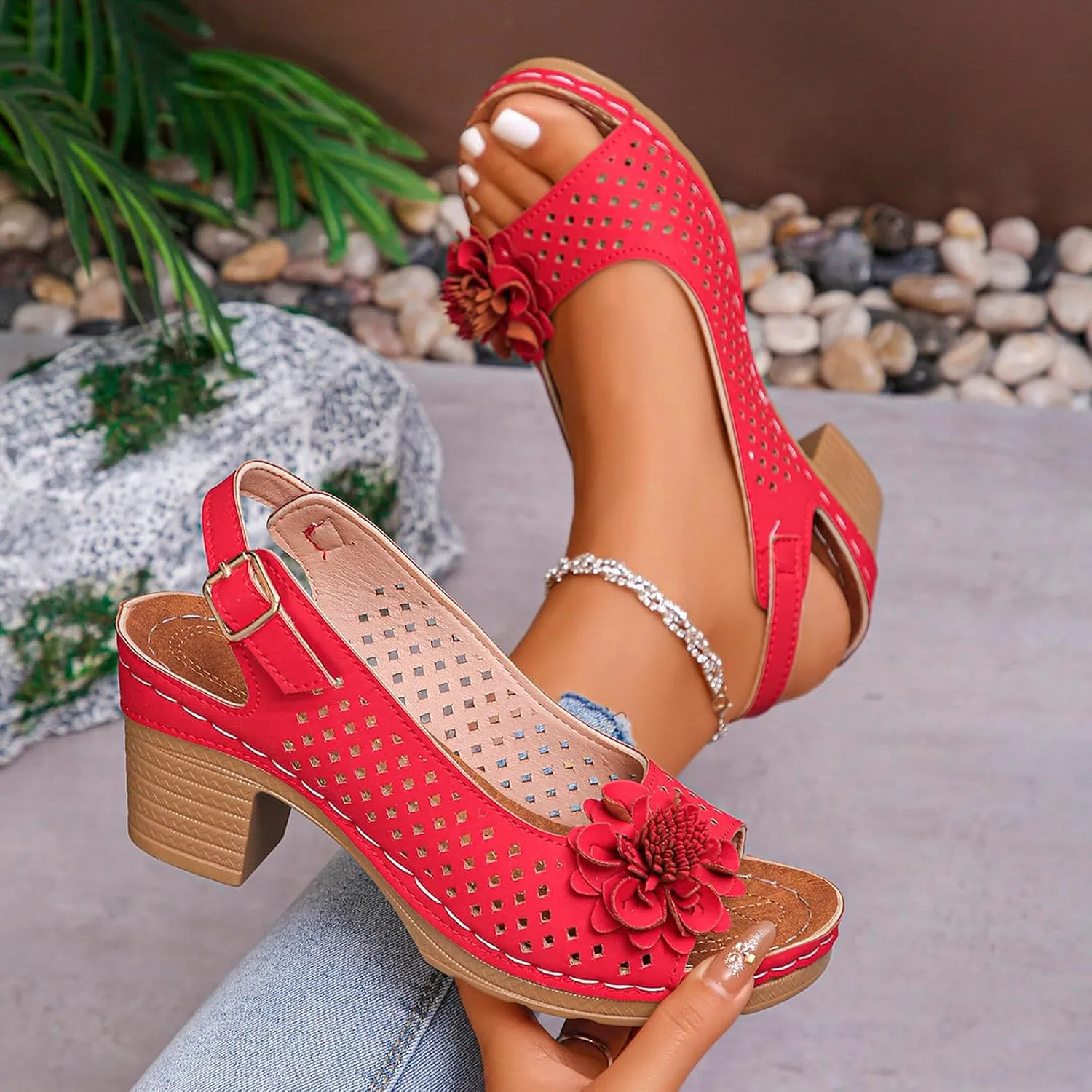 Women Comfy Casual Shoe Open Toe Hollow Flower Wedge Heel Slippers Sandals Flip Flops Women 8 Sandals