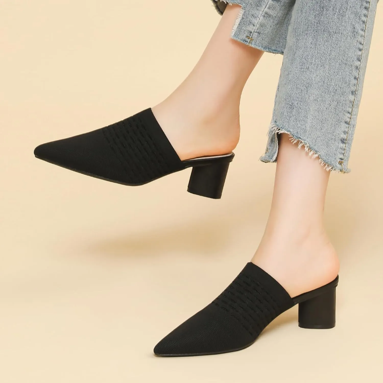 Women Knit Closed Pointed Toe Chunky Heel Mules Mesh Breathable Low Block Heel Pump Sandals Comfortable Slip On Dress Party Slides
