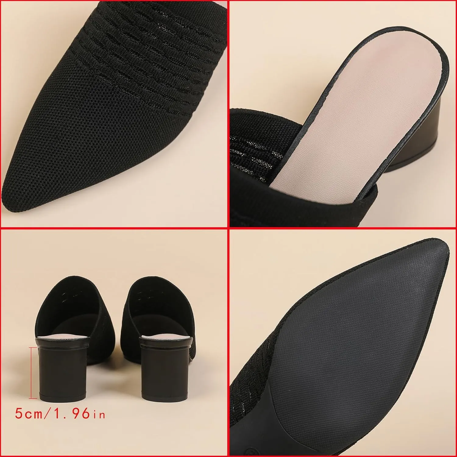 Women Knit Closed Pointed Toe Chunky Heel Mules Mesh Breathable Low Block Heel Pump Sandals Comfortable Slip On Dress Party Slides