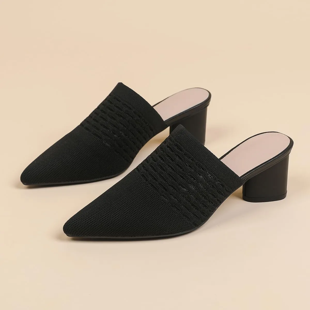 Women Knit Closed Pointed Toe Chunky Heel Mules Mesh Breathable Low Block Heel Pump Sandals Comfortable Slip On Dress Party Slides