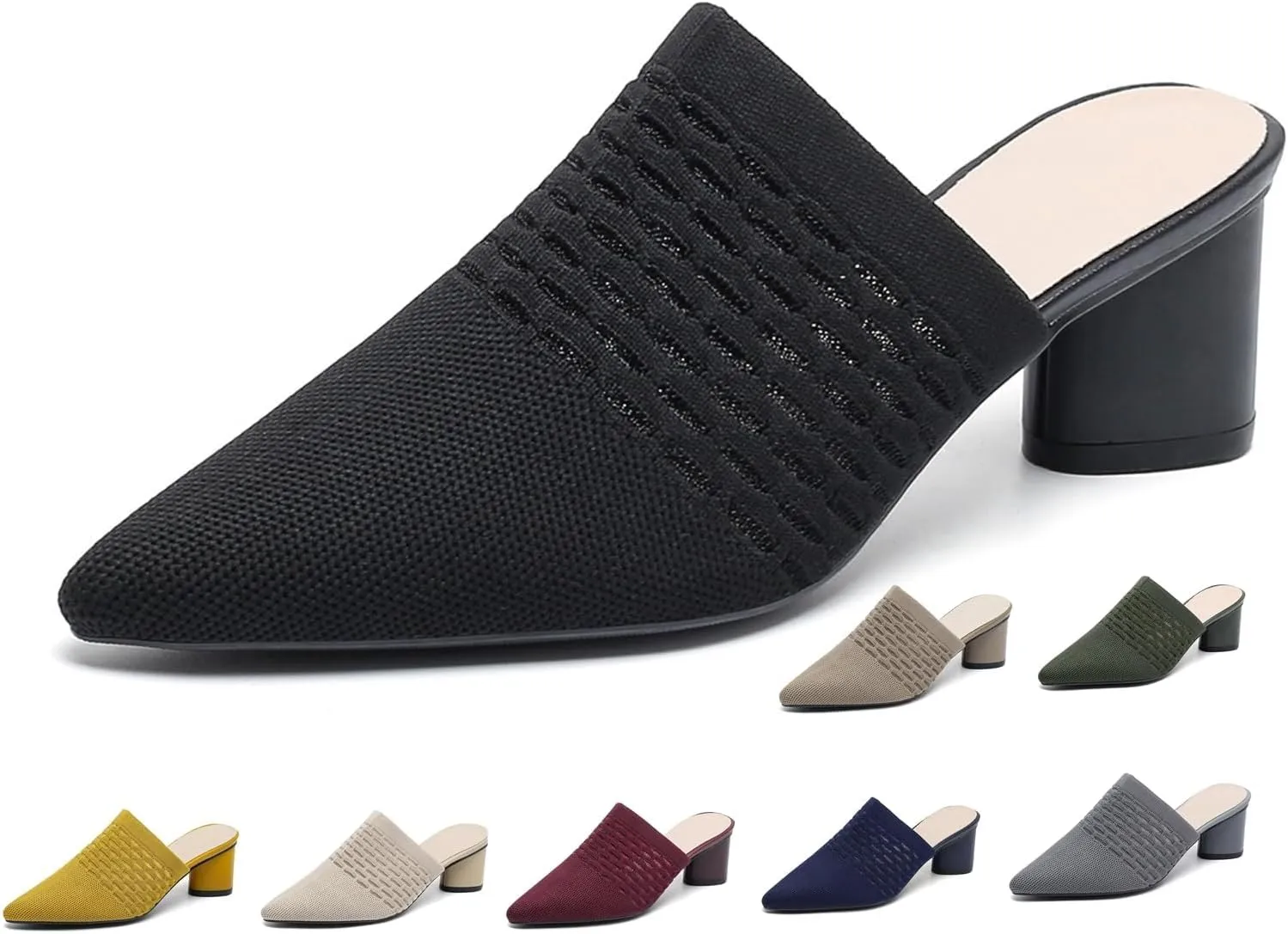 Women Knit Closed Pointed Toe Chunky Heel Mules Mesh Breathable Low Block Heel Pump Sandals Comfortable Slip On Dress Party Slides