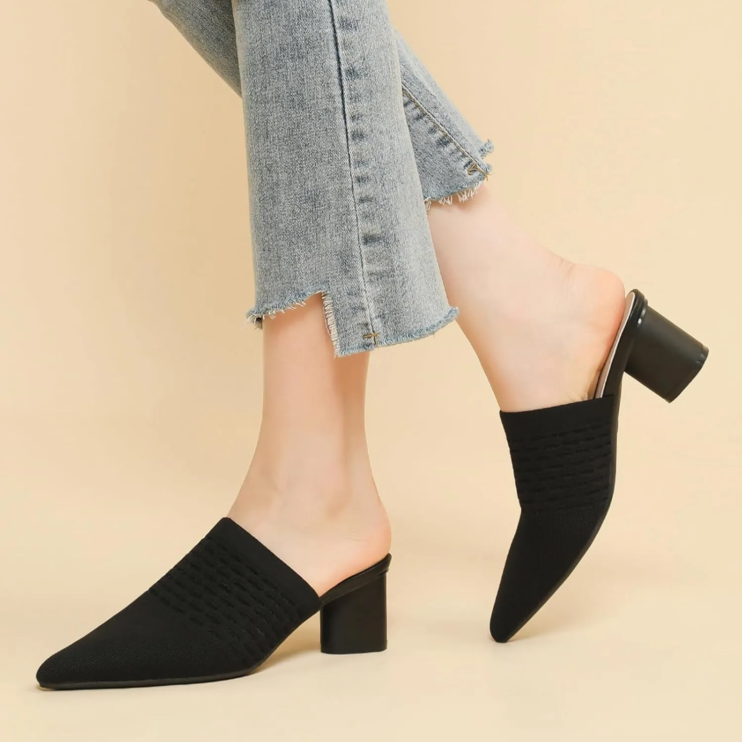 Women Knit Closed Pointed Toe Chunky Heel Mules Mesh Breathable Low Block Heel Pump Sandals Comfortable Slip On Dress Party Slides