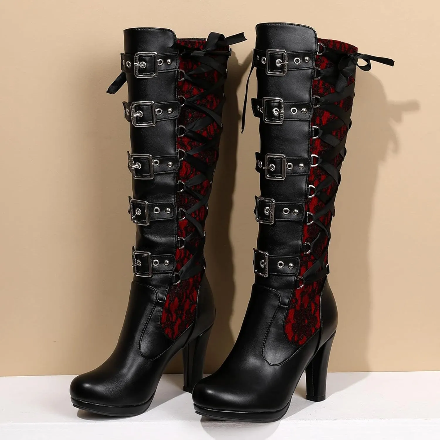 Women Lace Goth Knee High Boots Buckle Block Heel Lace Up Knee Boots Punk Platform Back Zipper Riding Combat Bootie