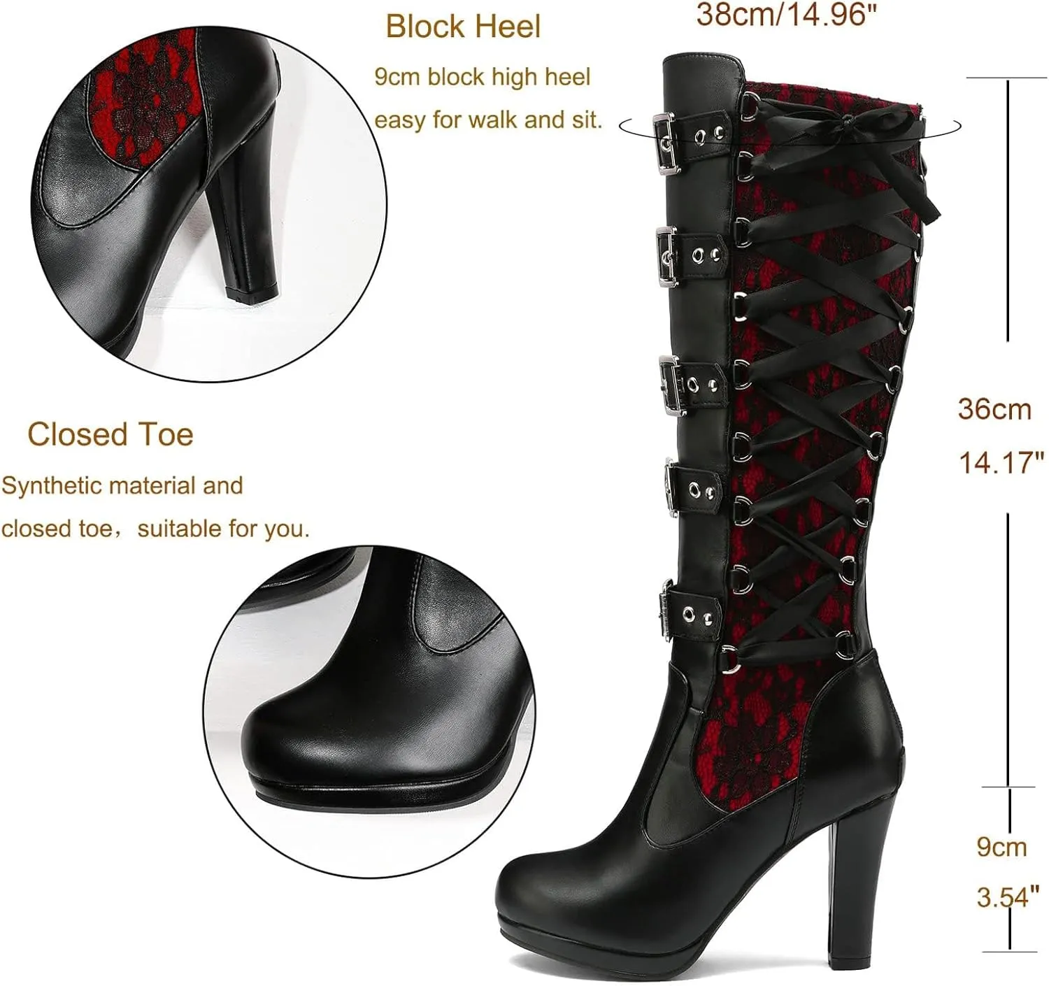 Women Lace Goth Knee High Boots Buckle Block Heel Lace Up Knee Boots Punk Platform Back Zipper Riding Combat Bootie