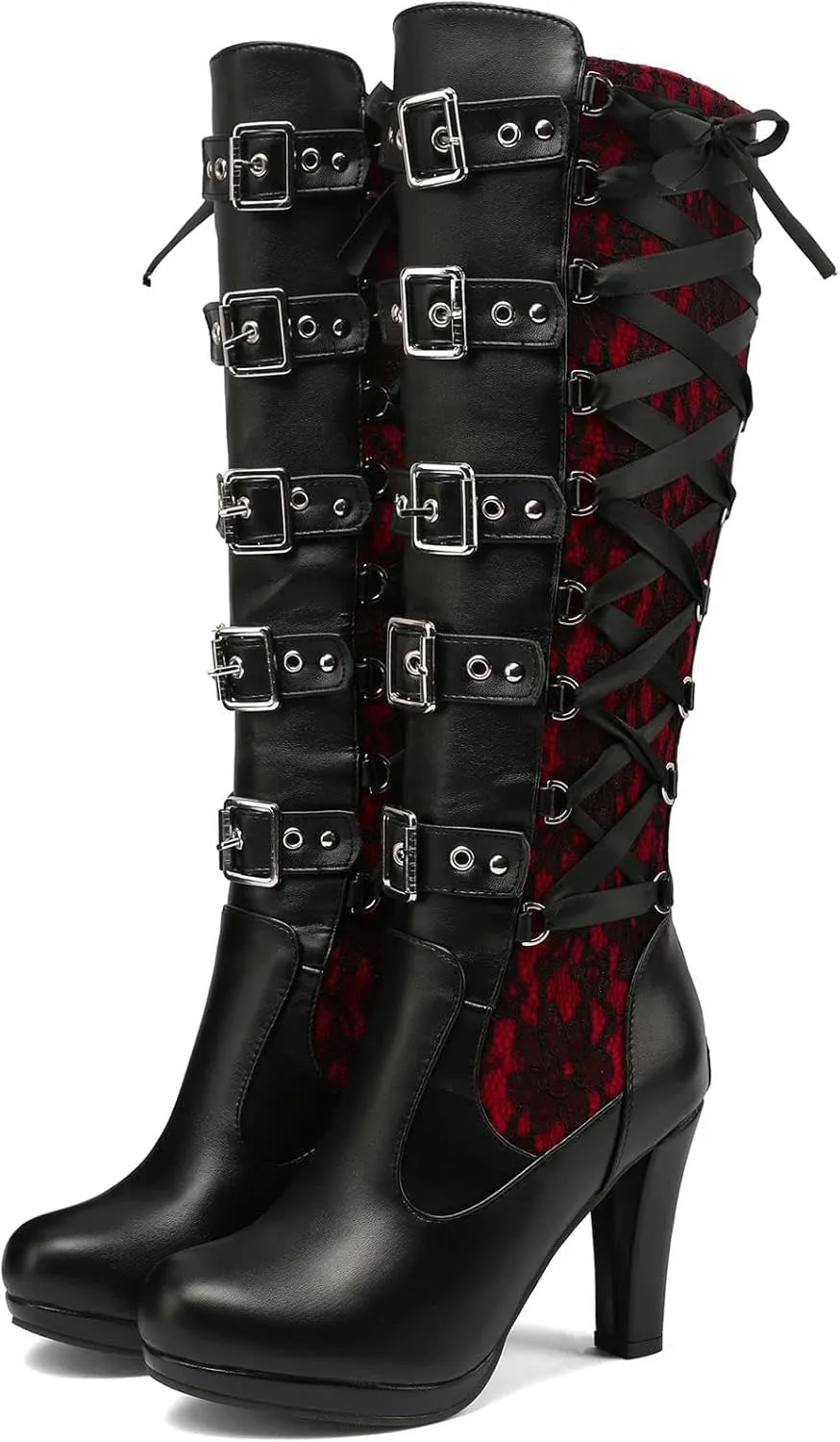 Women Lace Goth Knee High Boots Buckle Block Heel Lace Up Knee Boots Punk Platform Back Zipper Riding Combat Bootie