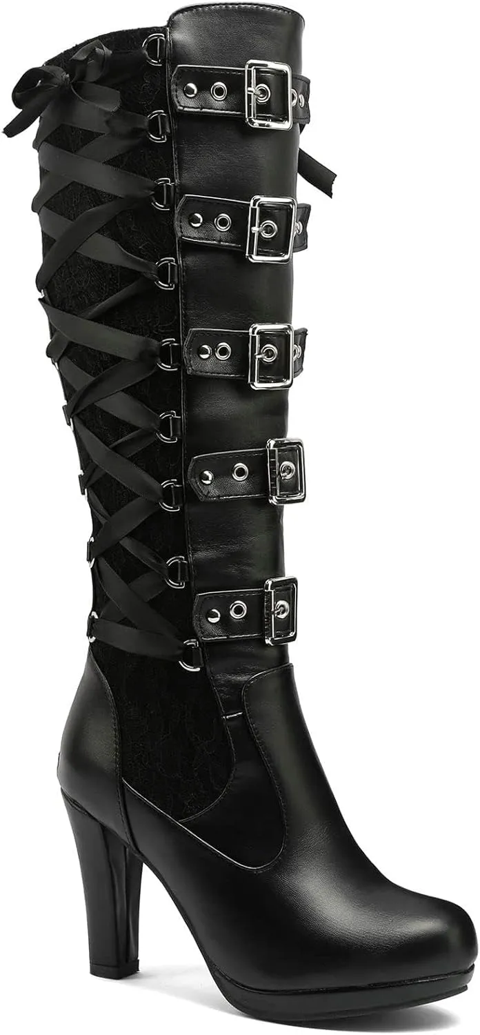 Women Lace Goth Knee High Boots Buckle Block Heel Lace Up Knee Boots Punk Platform Back Zipper Riding Combat Bootie