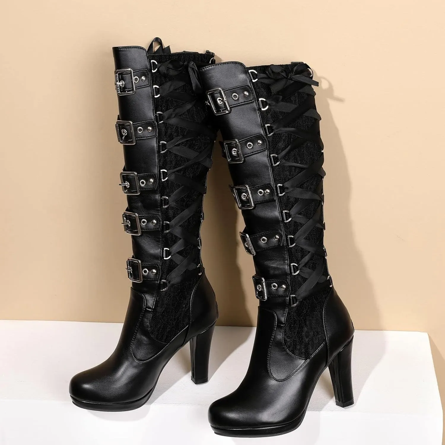 Women Lace Goth Knee High Boots Buckle Block Heel Lace Up Knee Boots Punk Platform Back Zipper Riding Combat Bootie