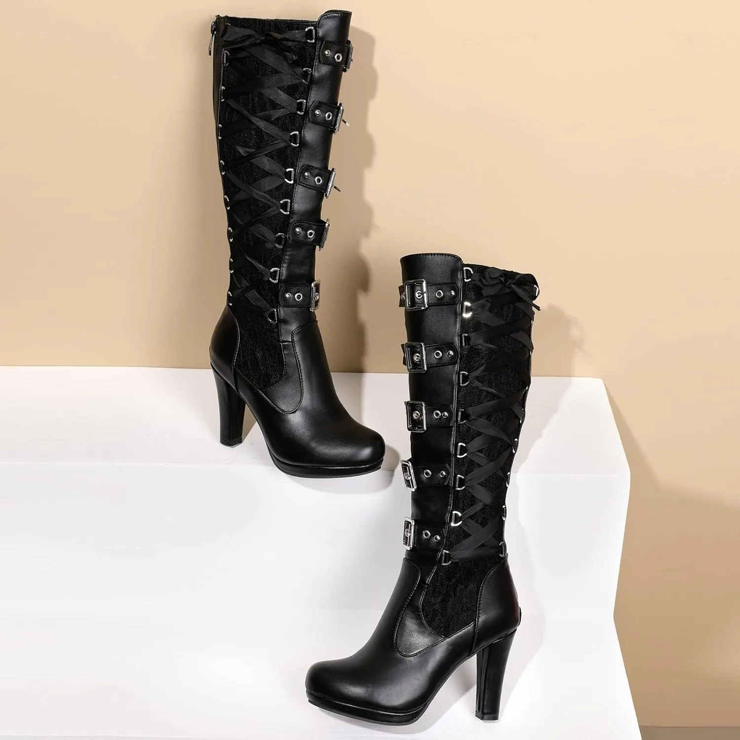 Women Lace Goth Knee High Boots Buckle Block Heel Lace Up Knee Boots Punk Platform Back Zipper Riding Combat Bootie