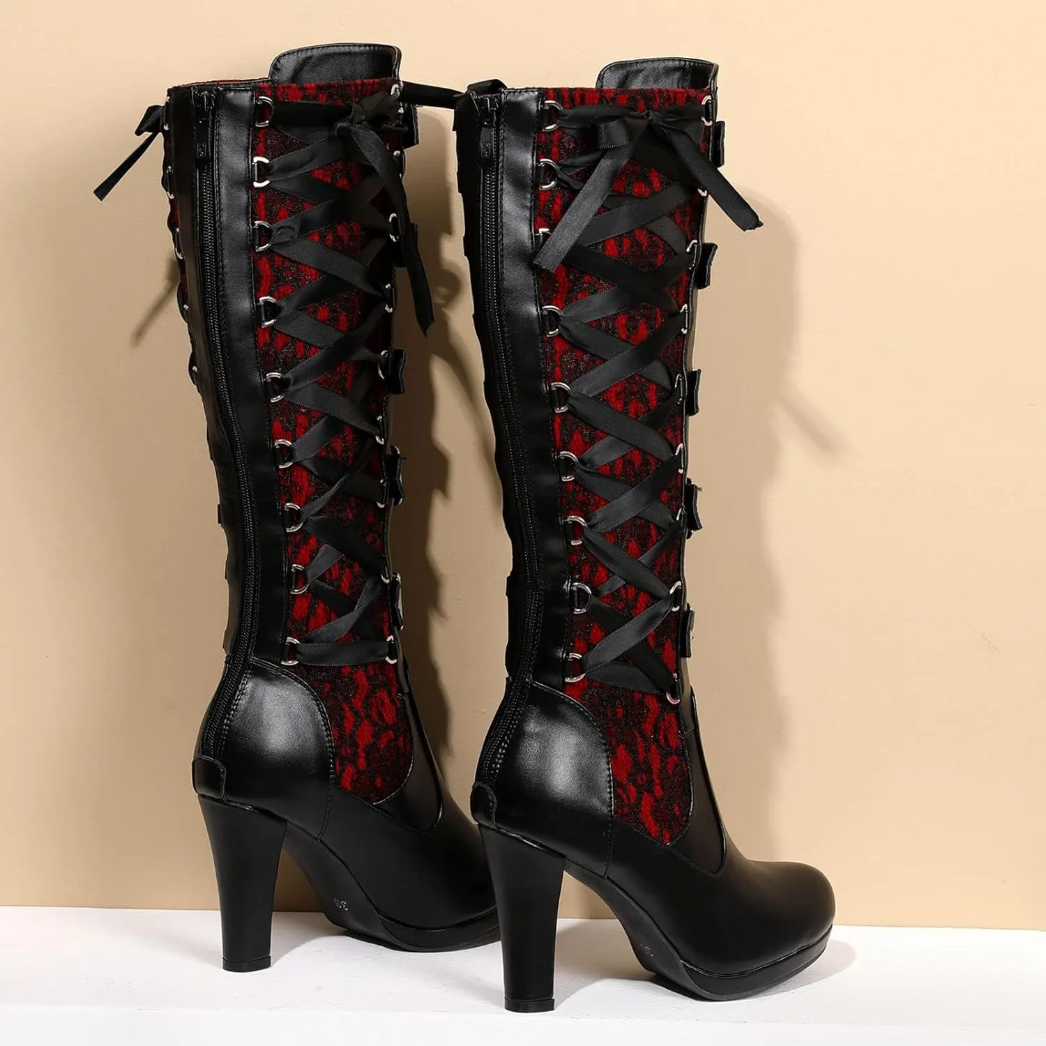 Women Lace Goth Knee High Boots Buckle Block Heel Lace Up Knee Boots Punk Platform Back Zipper Riding Combat Bootie