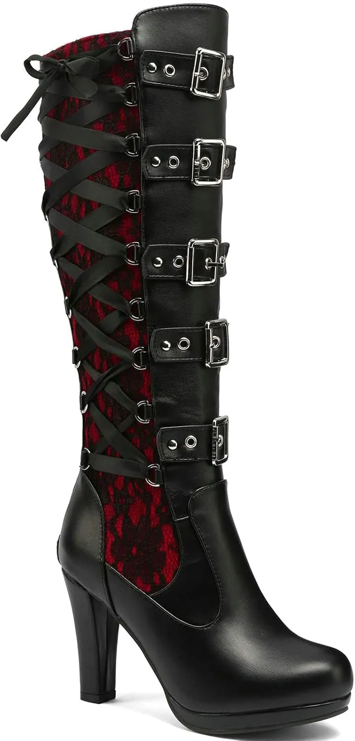 Women Lace Goth Knee High Boots Buckle Block Heel Lace Up Knee Boots Punk Platform Back Zipper Riding Combat Bootie