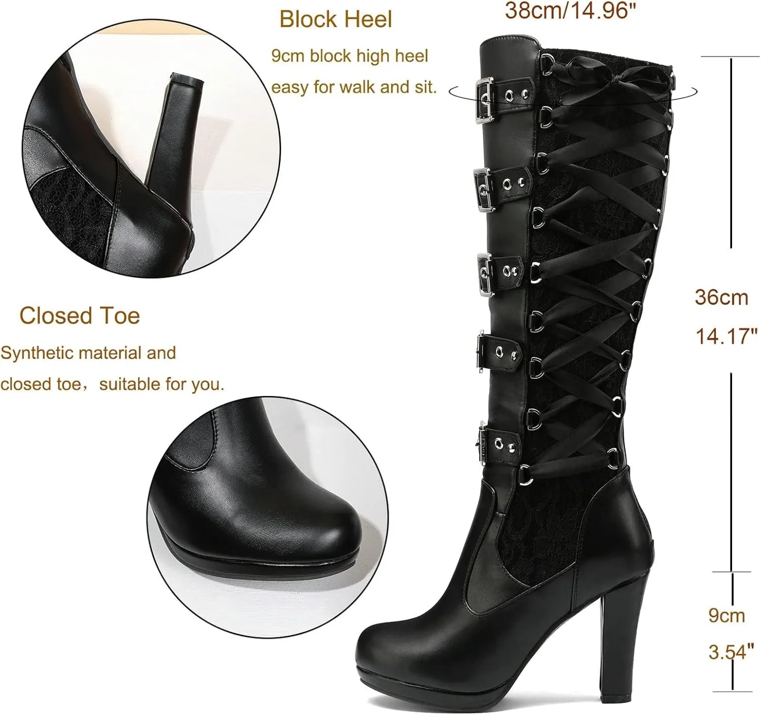 Women Lace Goth Knee High Boots Buckle Block Heel Lace Up Knee Boots Punk Platform Back Zipper Riding Combat Bootie