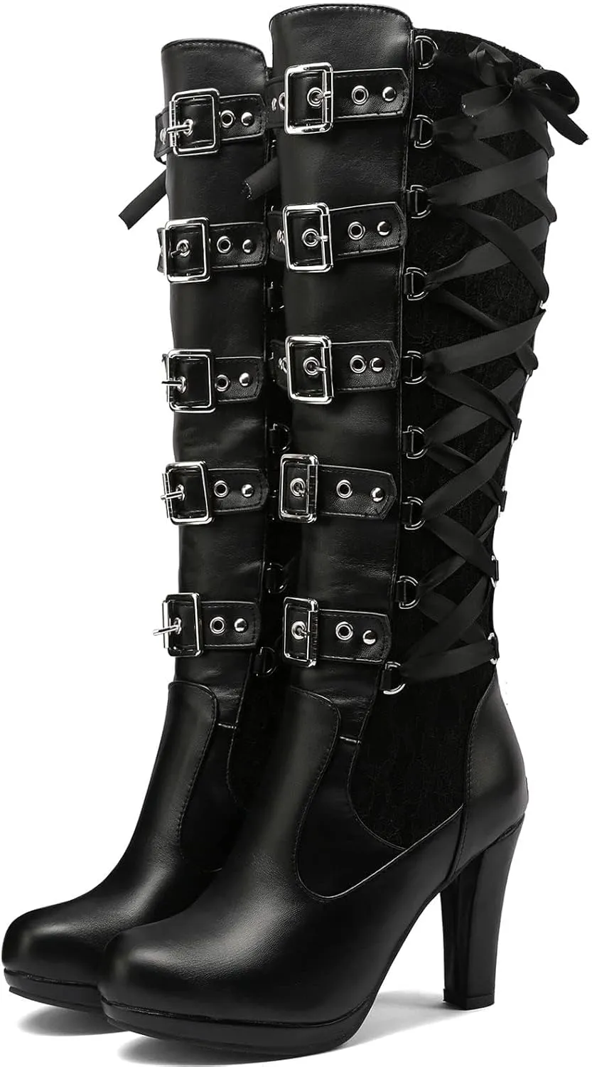 Women Lace Goth Knee High Boots Buckle Block Heel Lace Up Knee Boots Punk Platform Back Zipper Riding Combat Bootie