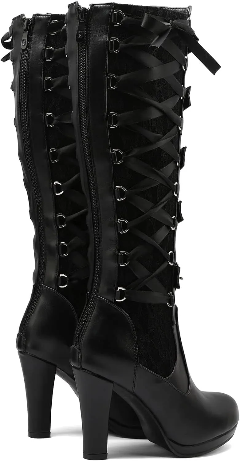 Women Lace Goth Knee High Boots Buckle Block Heel Lace Up Knee Boots Punk Platform Back Zipper Riding Combat Bootie