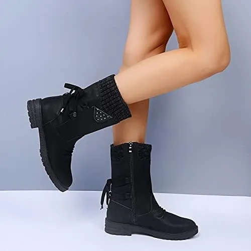 Women Mid Calf Snow Boots Fall Winter Anti-slip Walking Bootie Shoes Zipper Suede Boot Fashion Slouch Flat Booties