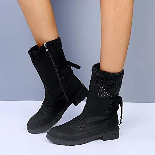 Women Mid Calf Snow Boots Fall Winter Anti-slip Walking Bootie Shoes Zipper Suede Boot Fashion Slouch Flat Booties