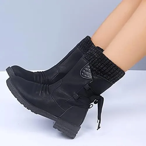 Women Mid Calf Snow Boots Fall Winter Anti-slip Walking Bootie Shoes Zipper Suede Boot Fashion Slouch Flat Booties