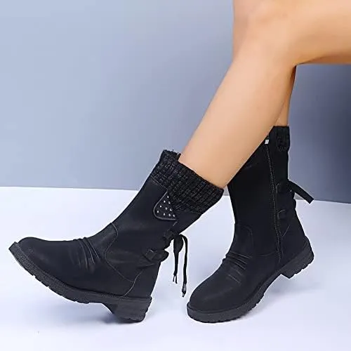 Women Mid Calf Snow Boots Fall Winter Anti-slip Walking Bootie Shoes Zipper Suede Boot Fashion Slouch Flat Booties