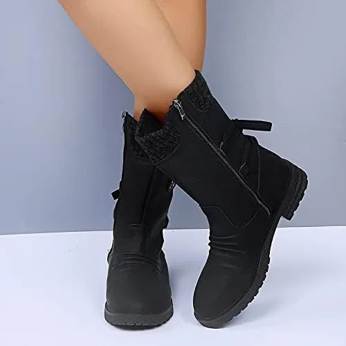 Women Mid Calf Snow Boots Fall Winter Anti-slip Walking Bootie Shoes Zipper Suede Boot Fashion Slouch Flat Booties