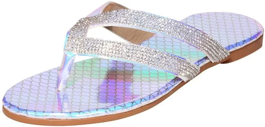 Women Rhinestone Flat Sandals Summer Dressy Beach Slip On T-Strap Buckle Bohemian Flat Sandals Open Toe Slide Sandal