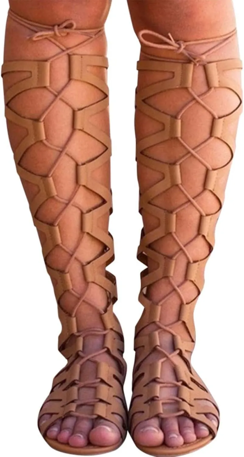 Women Strappy Sandals Gladiator Flat Sandals Summer Beach Sandal Lace Up Open Toe Knee High Flat Roman Sandal Shoes