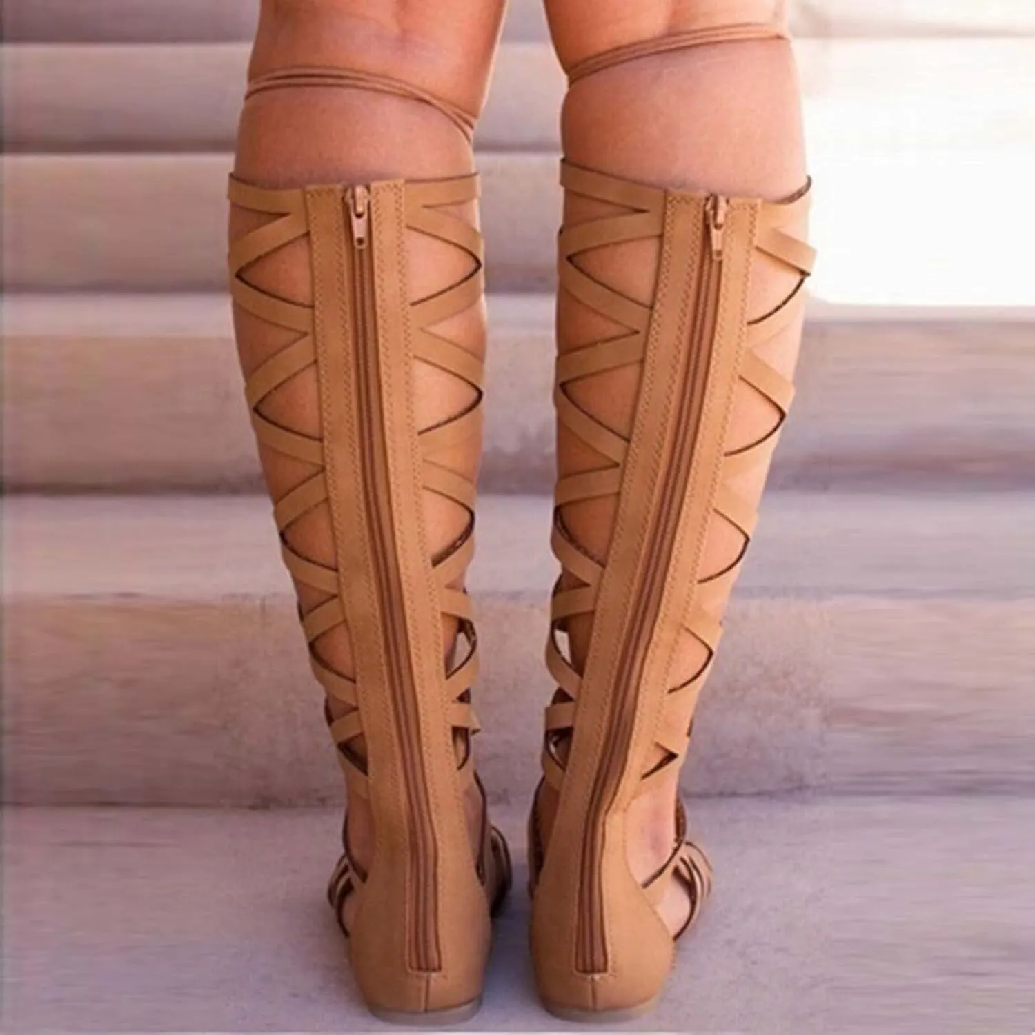 Women Strappy Sandals Gladiator Flat Sandals Summer Beach Sandal Lace Up Open Toe Knee High Flat Roman Sandal Shoes