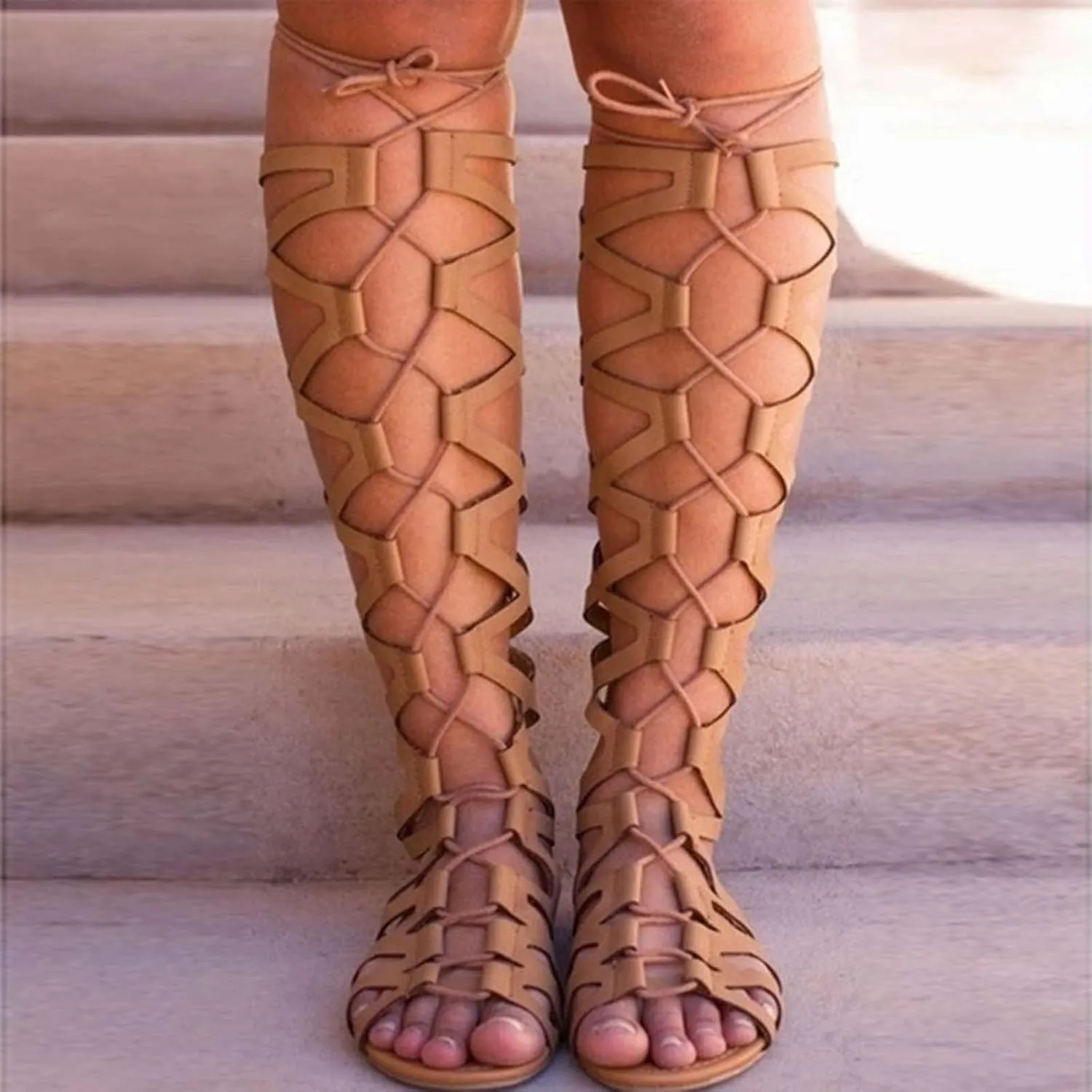 Women Strappy Sandals Gladiator Flat Sandals Summer Beach Sandal Lace Up Open Toe Knee High Flat Roman Sandal Shoes