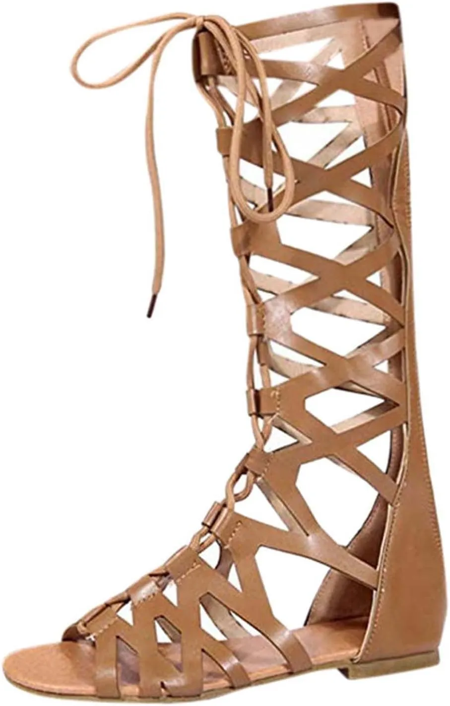 Women Strappy Sandals Gladiator Flat Sandals Summer Beach Sandal Lace Up Open Toe Knee High Flat Roman Sandal Shoes