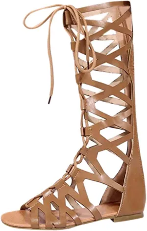 Women Strappy Sandals Gladiator Flat Sandals Summer Beach Sandal Lace Up Open Toe Knee High Flat Roman Sandal Shoes