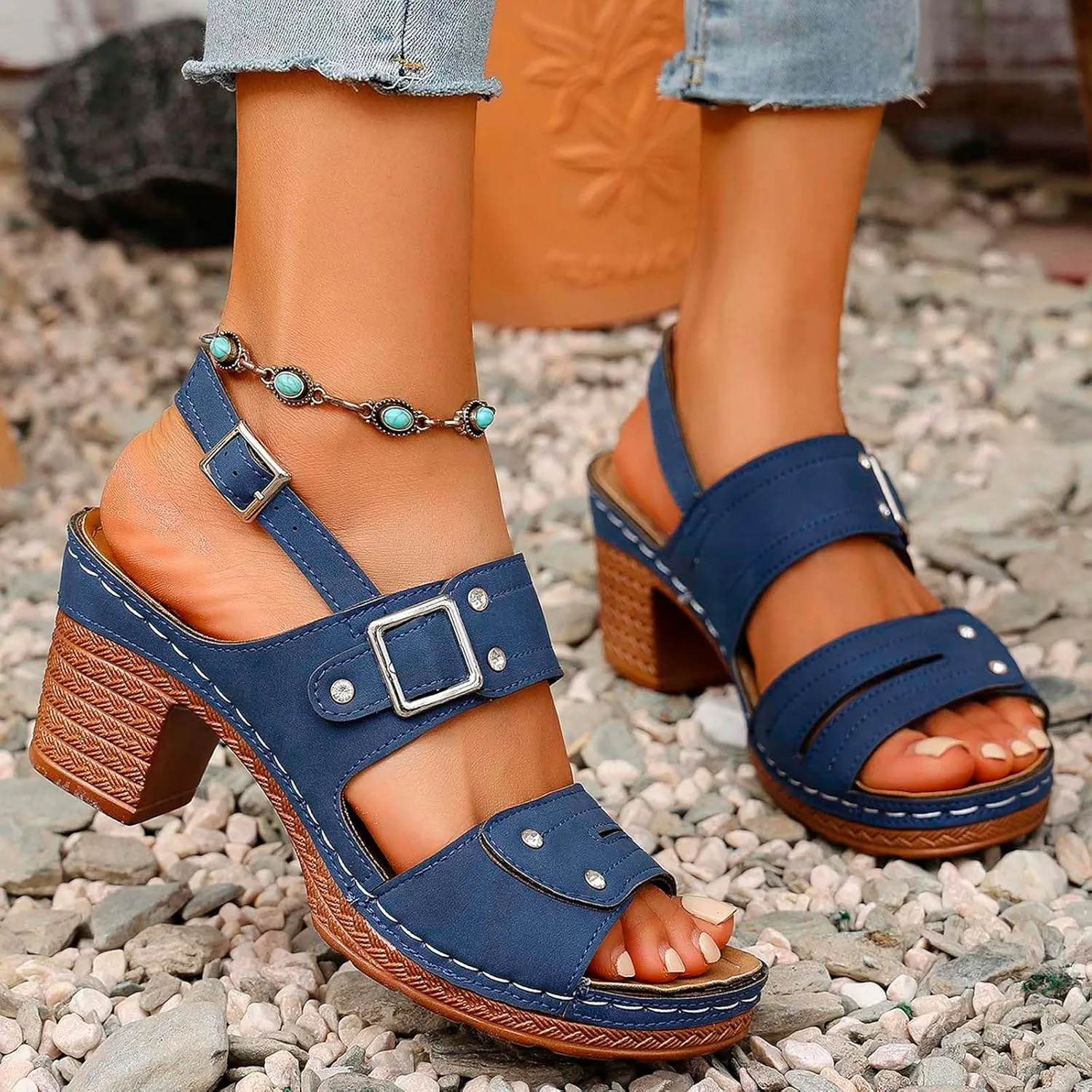 Women Summer Solid Buckle Strap Casual Open Toe Square Heels Comfortable Beach Shoes Sandals Double Buckle Sandals for Women