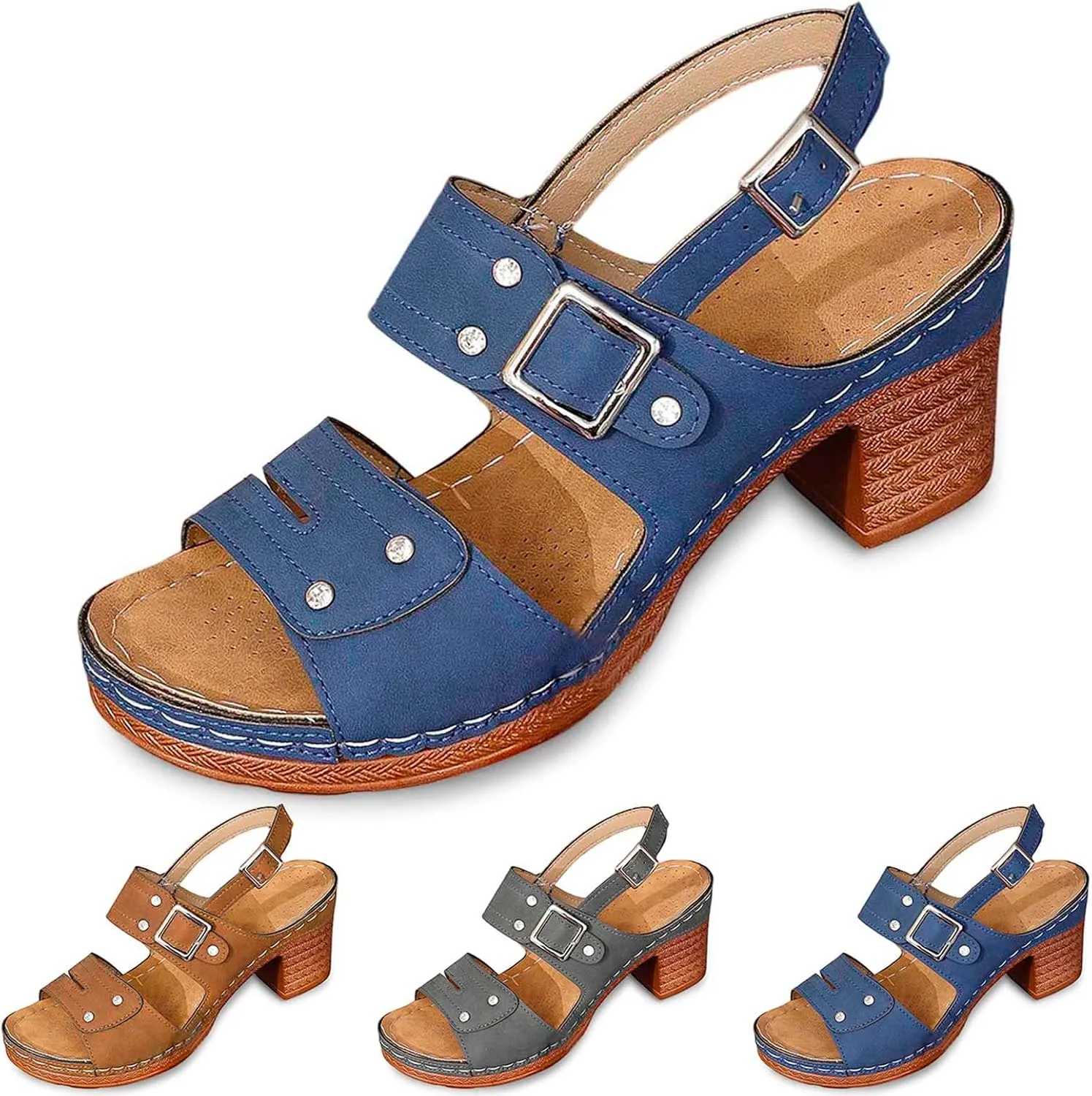 Women Summer Solid Buckle Strap Casual Open Toe Square Heels Comfortable Beach Shoes Sandals Double Buckle Sandals for Women
