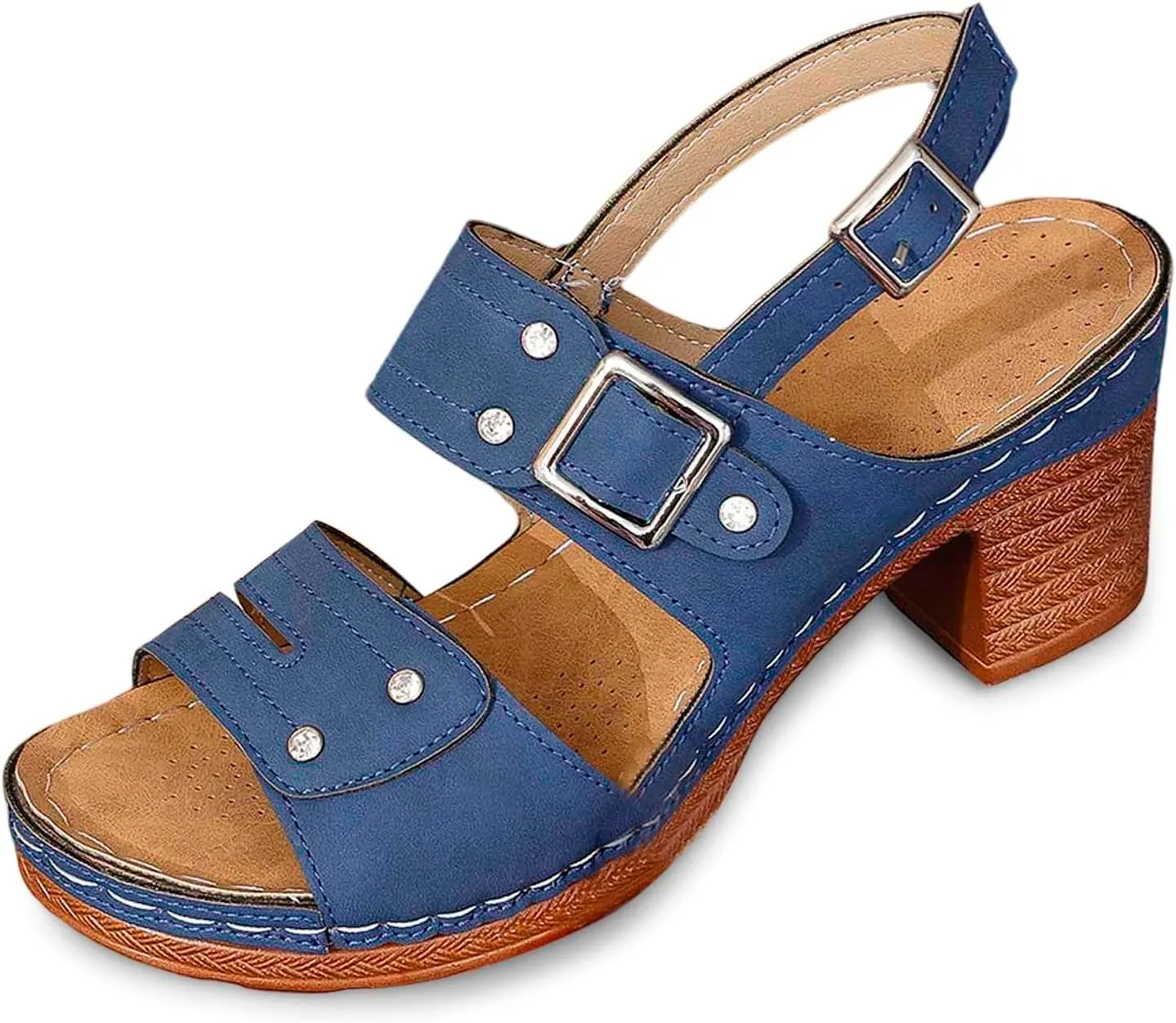 Women Summer Solid Buckle Strap Casual Open Toe Square Heels Comfortable Beach Shoes Sandals Double Buckle Sandals for Women