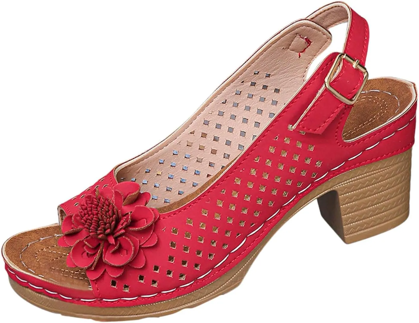 Women's Block Heel Sandals Hollow Out Floral Decor Sandals Casual Beach Sandals Lightweight Platform Wedge Sandal Open Toe Ankle Buckle Strap Chunky Shoes Dressy Summer Shoes