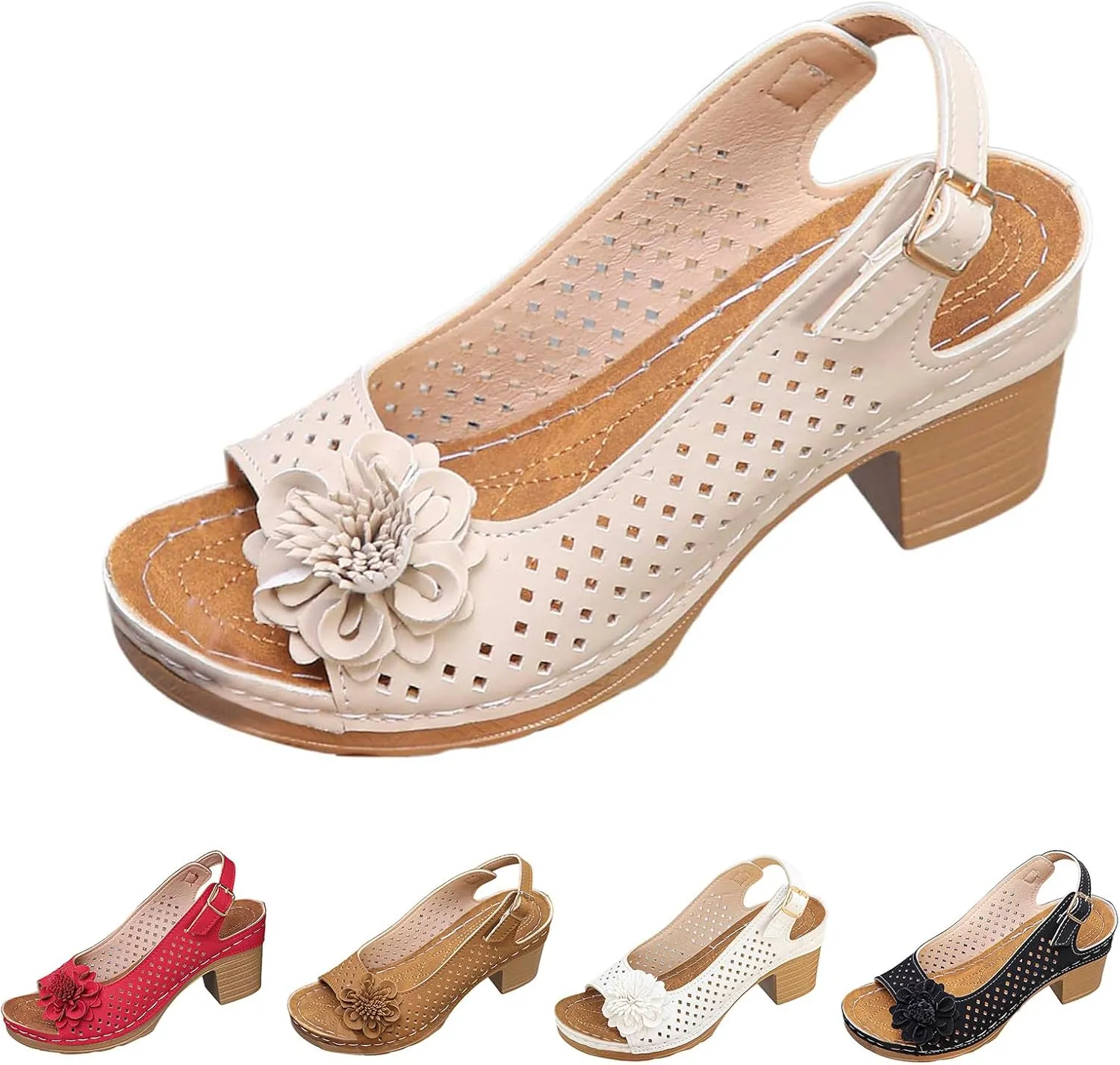 Women's Block Heel Sandals Hollow Out Floral Decor Sandals Casual Beach Sandals Lightweight Platform Wedge Sandal Open Toe Ankle Buckle Strap Chunky Shoes Dressy Summer Shoes