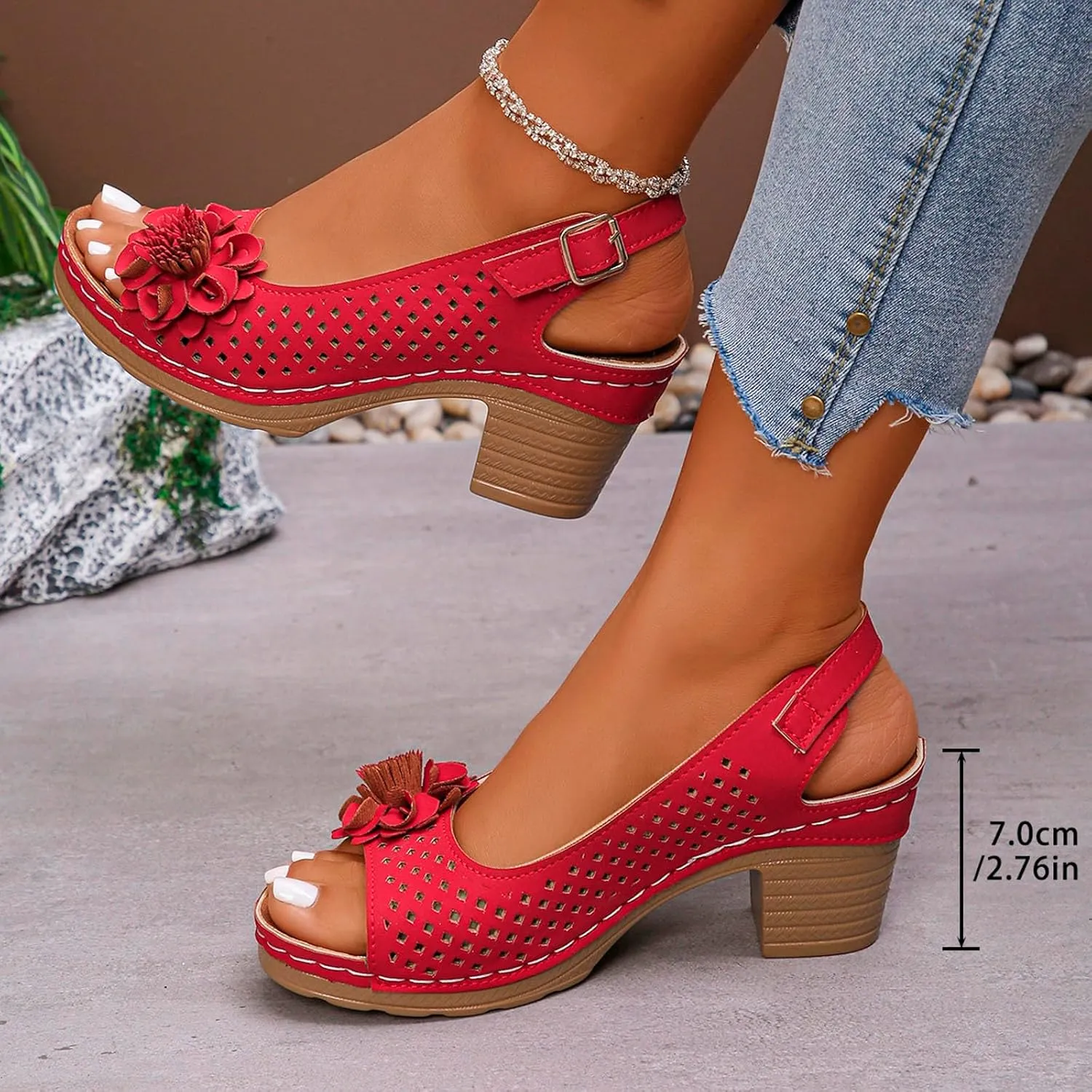 Women's Block Heel Sandals Hollow Out Floral Decor Sandals Casual Beach Sandals Lightweight Platform Wedge Sandal Open Toe Ankle Buckle Strap Chunky Shoes Dressy Summer Shoes