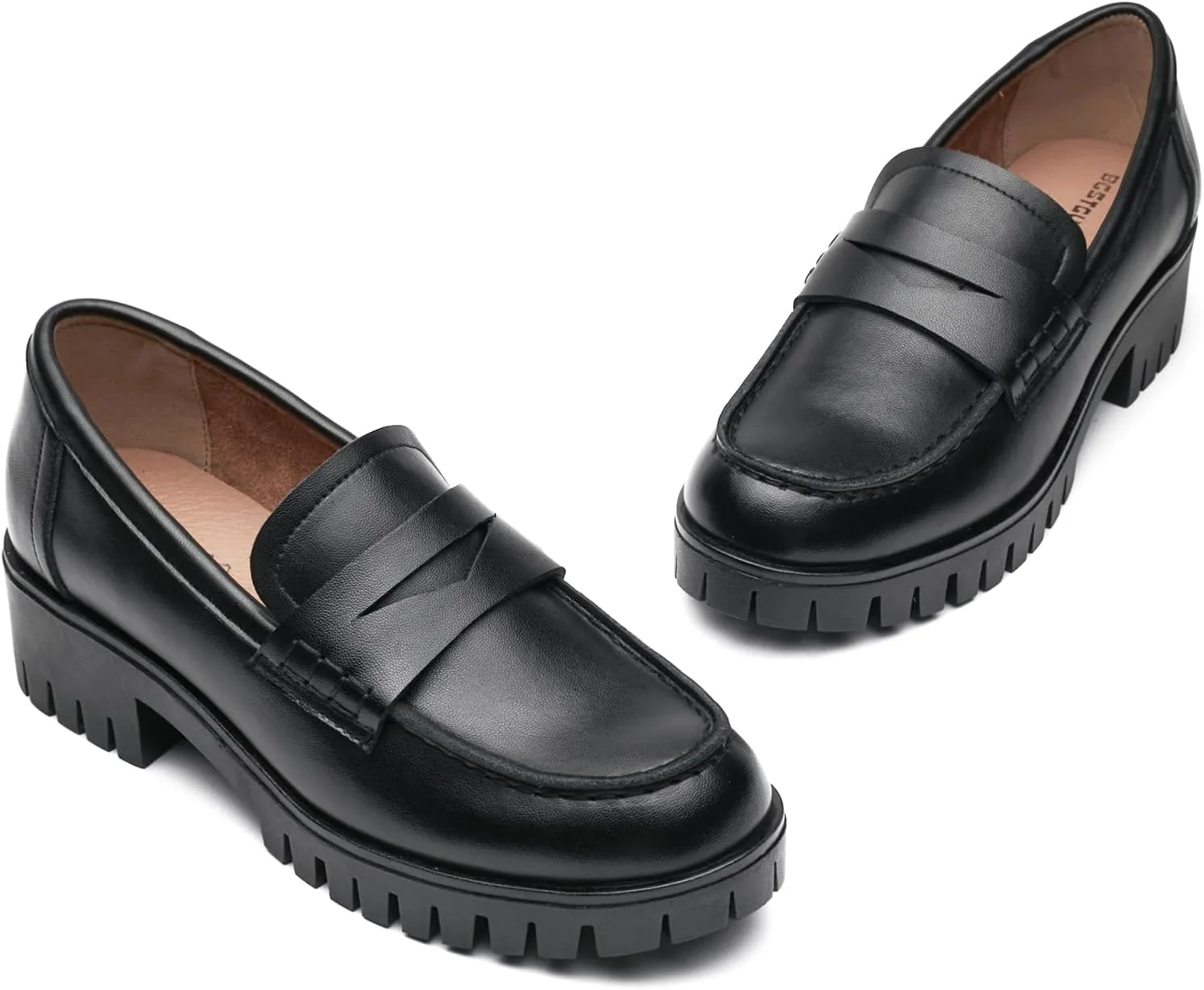 Women's Chunky Heel Penny Loafers Shoes, Patent Leather Lug Sole Formal Work Shoes Comfort Platform Business Loafer