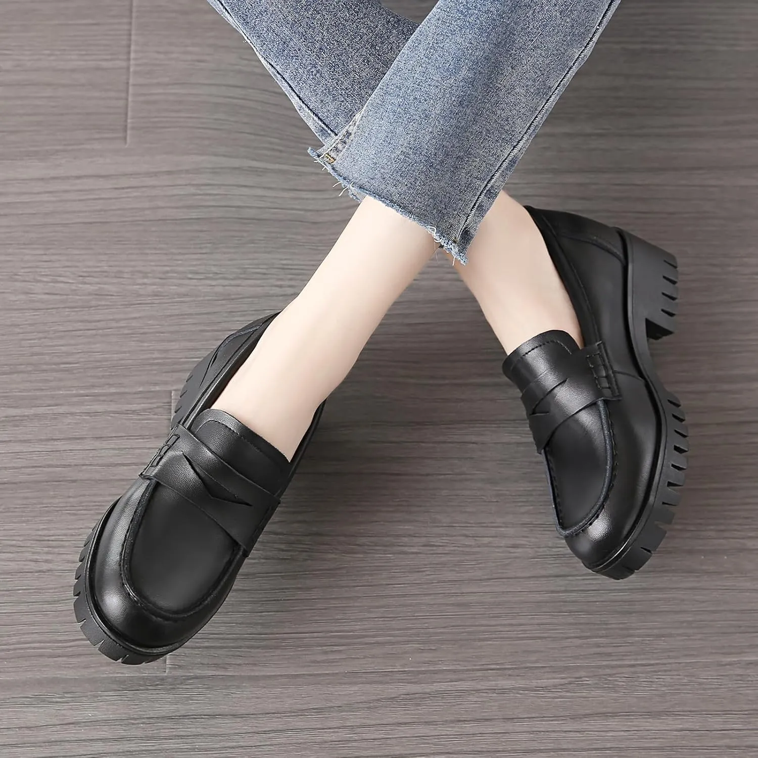 Women's Chunky Heel Penny Loafers Shoes, Patent Leather Lug Sole Formal Work Shoes Comfort Platform Business Loafer