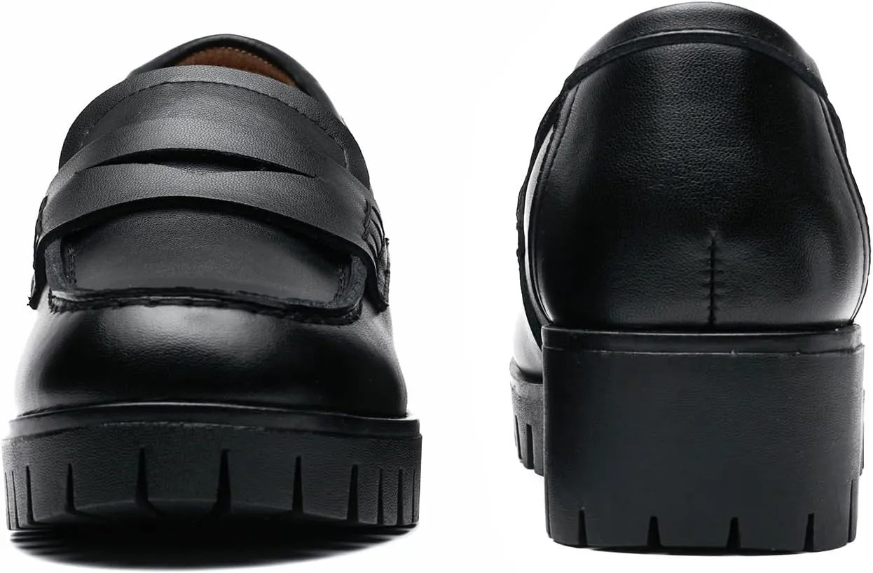 Women's Chunky Heel Penny Loafers Shoes, Patent Leather Lug Sole Formal Work Shoes Comfort Platform Business Loafer