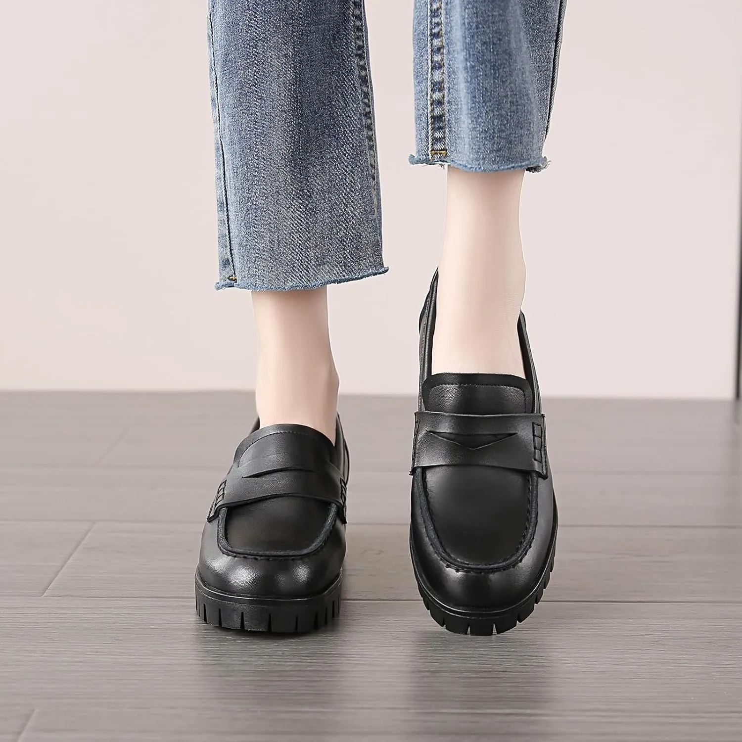 Women's Chunky Heel Penny Loafers Shoes, Patent Leather Lug Sole Formal Work Shoes Comfort Platform Business Loafer