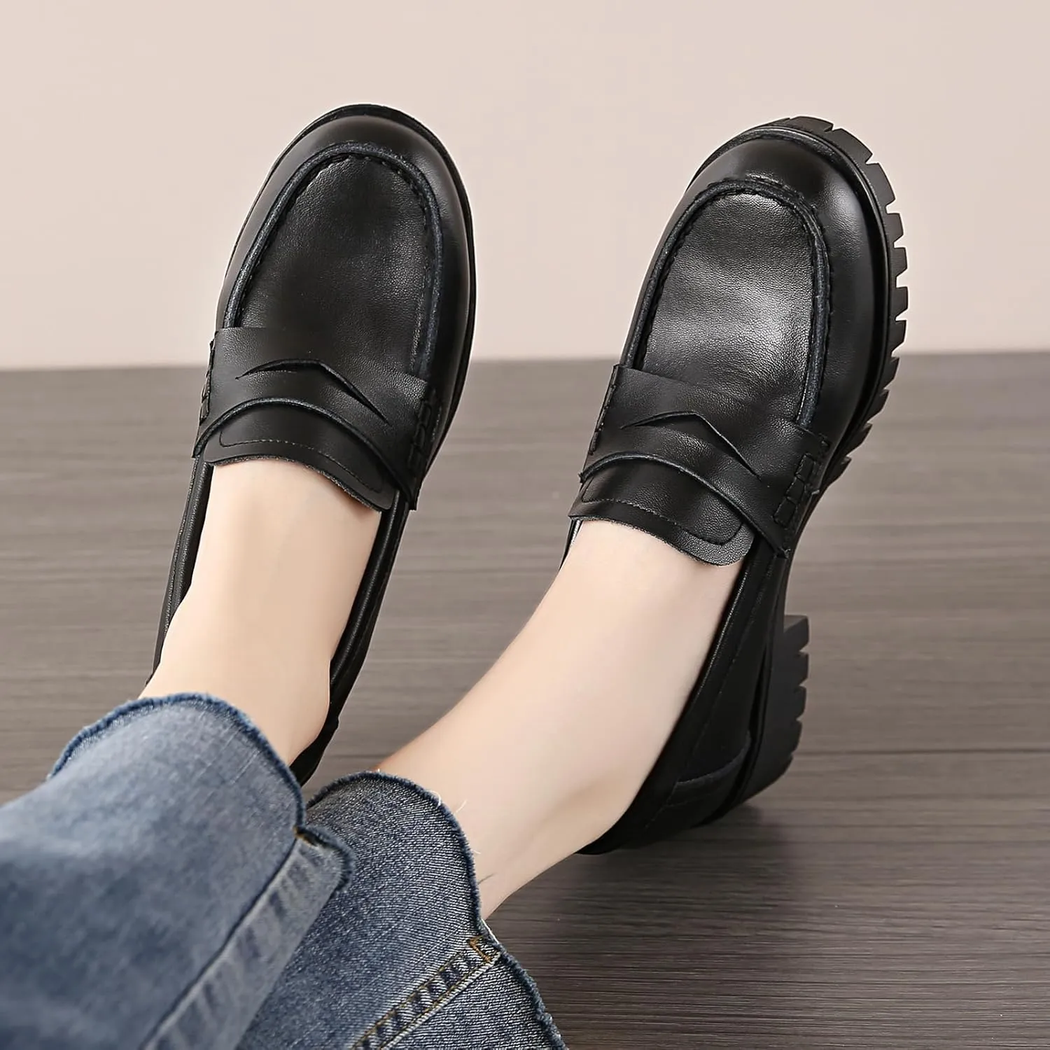 Women's Chunky Heel Penny Loafers Shoes, Patent Leather Lug Sole Formal Work Shoes Comfort Platform Business Loafer