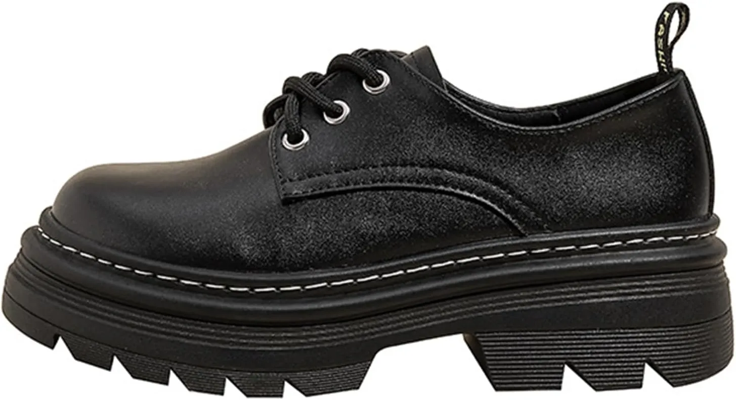 Women's Classic Fashion Platform Loafers, Round Toe Spring/Autumn Casual Shoes with Thick Sole, Lace-up, Chunky Heel - Slip-on Leather Shoes