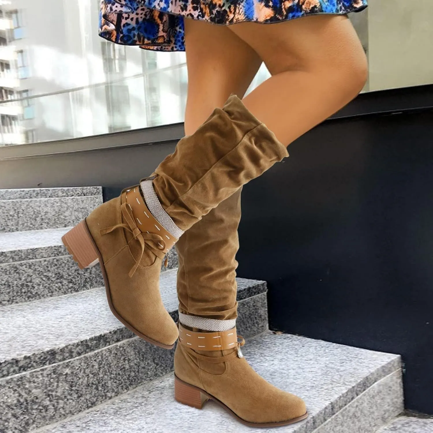Women's Cowboy Knee High Boots Fashion Winter Rounded Toe Mid Chunky Heel Pull On Slouchy Boots with Zippers
