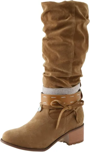 Women's Cowboy Knee High Boots Fashion Winter Rounded Toe Mid Chunky Heel Pull On Slouchy Boots with Zippers