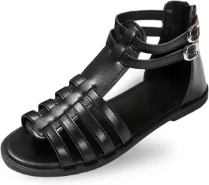 Womens Flat Sandals Leather Comfort Ankle Strap Wide Width Open Toe Buckle Strappy Wrap Summer Sandal Shoes