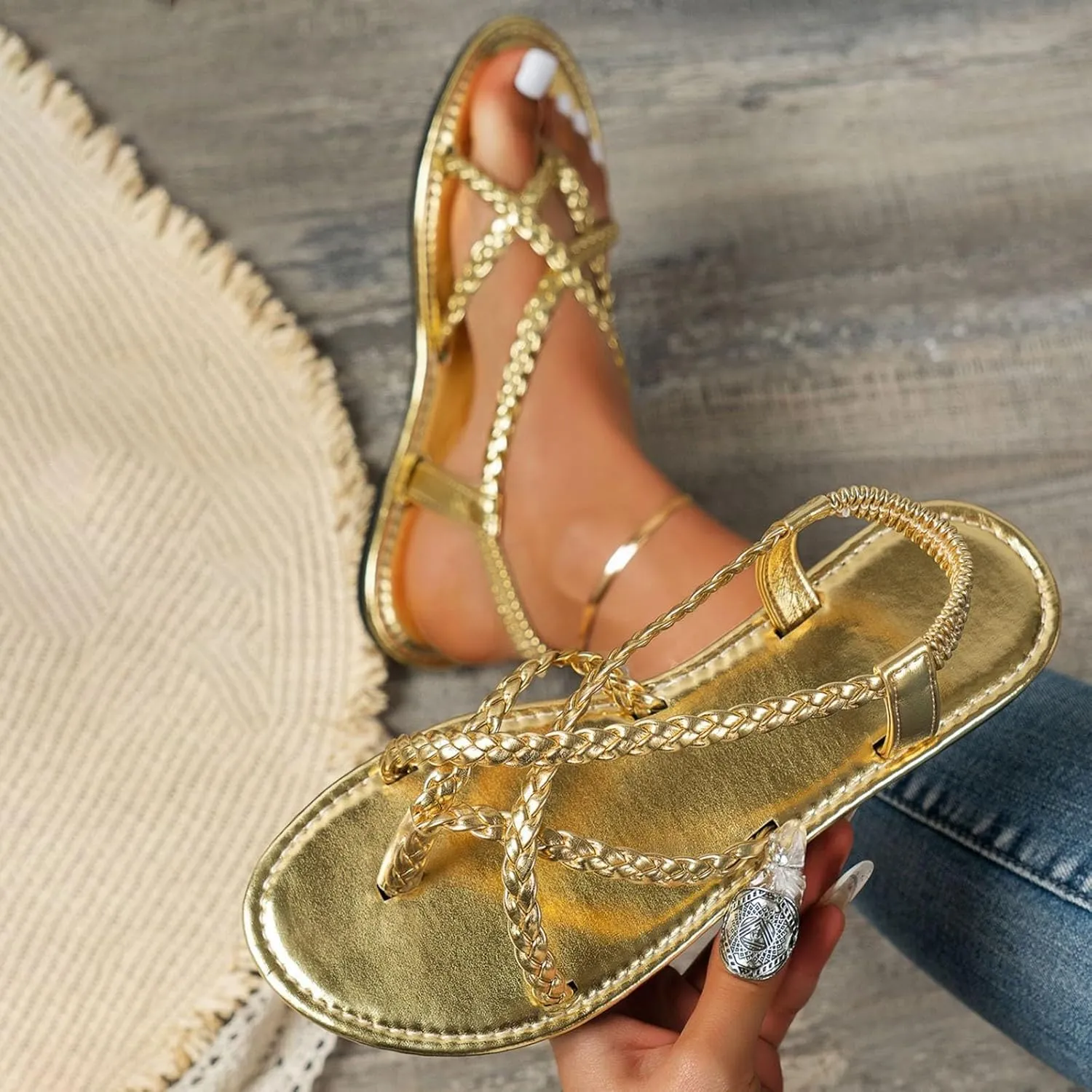 Womens Flat Sandals Strappy Thong Sandals Casual Elastic Strap Flip Flops Slingback Beach Flip Flops