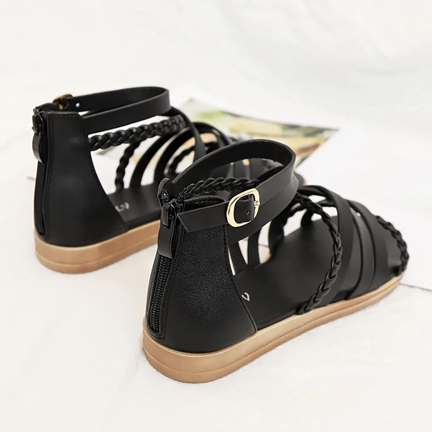 Women's Flat Sandals Zipper Back Ankle Strap Open Toe Sandals Comfort Casual Strappy Sandals (Black, 10)