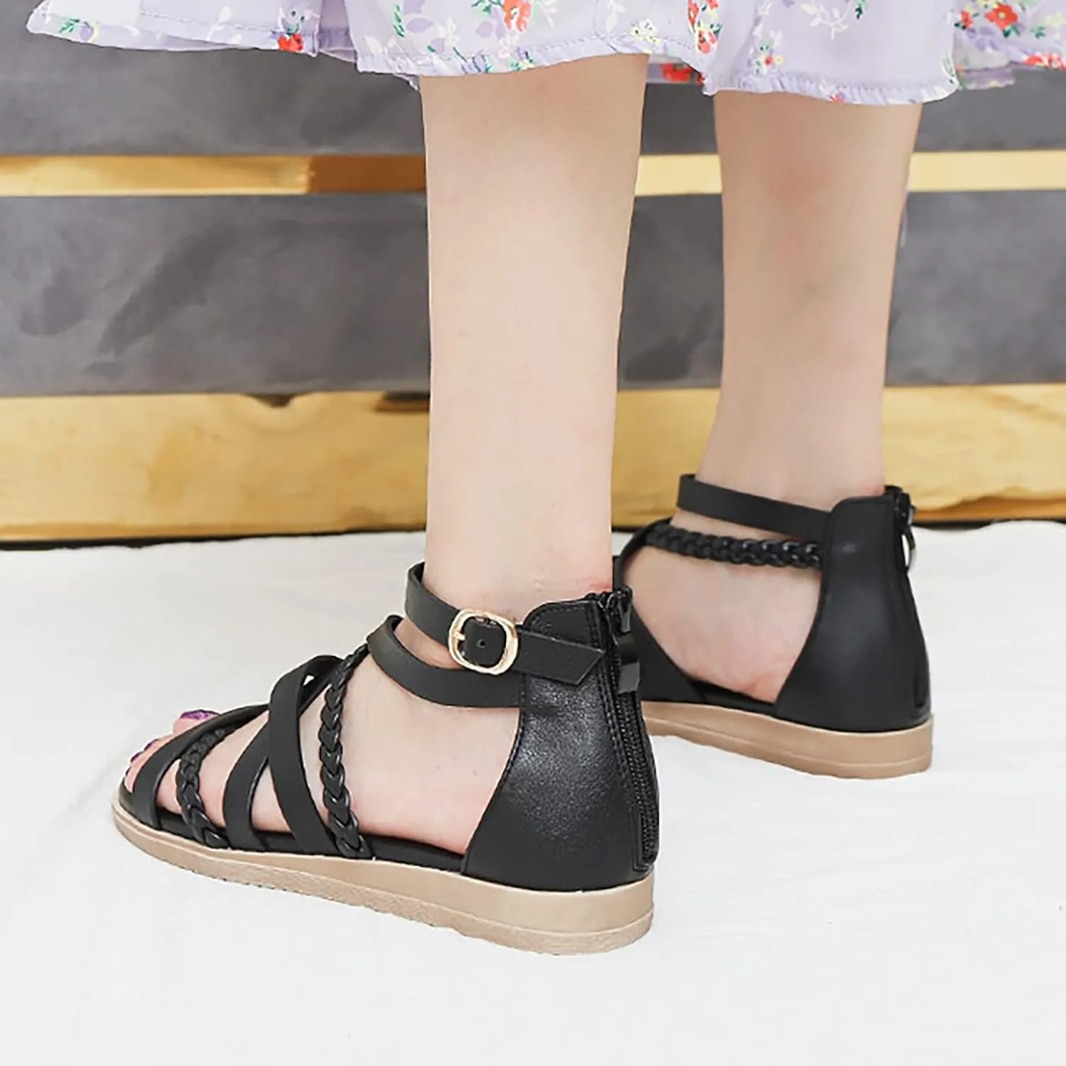 Women's Flat Sandals Zipper Back Ankle Strap Open Toe Sandals Comfort Casual Strappy Sandals (Black, 10)