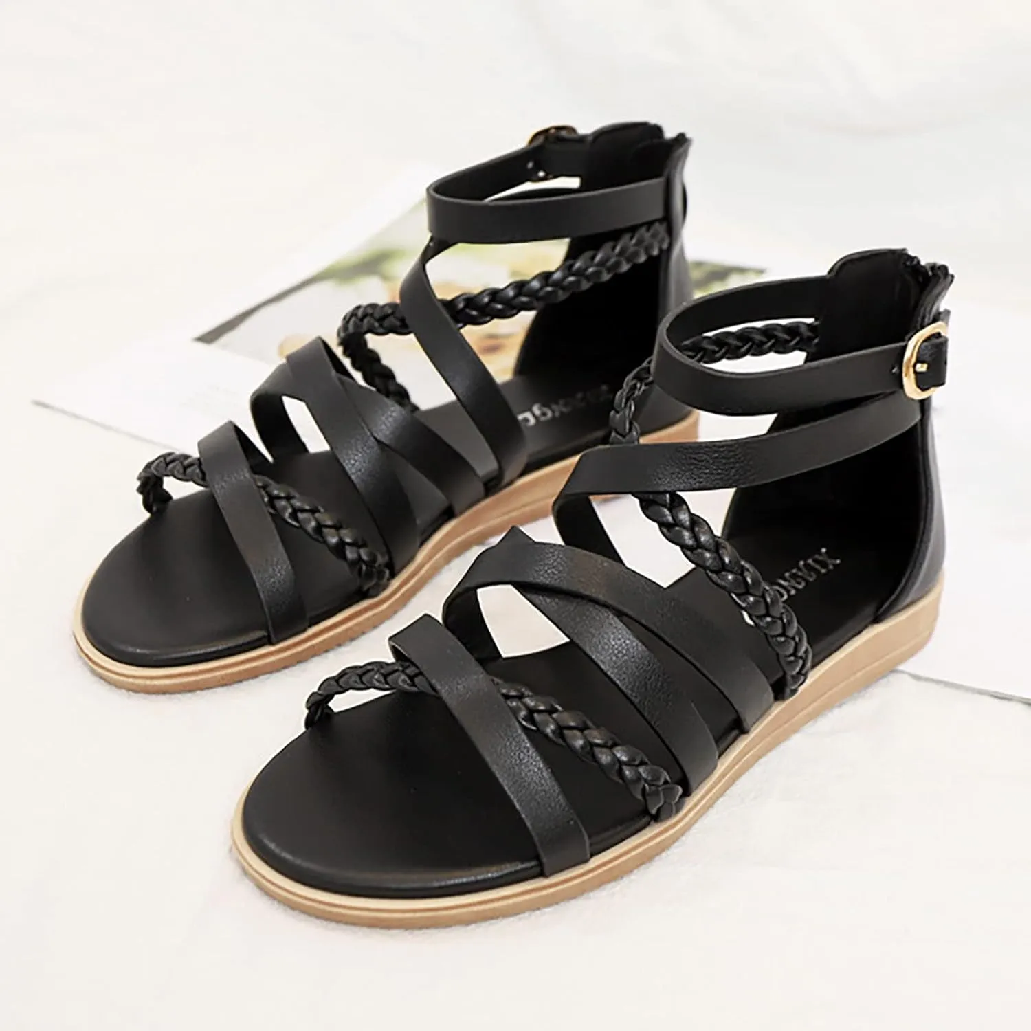Women's Flat Sandals Zipper Back Ankle Strap Open Toe Sandals Comfort Casual Strappy Sandals (Black, 10)