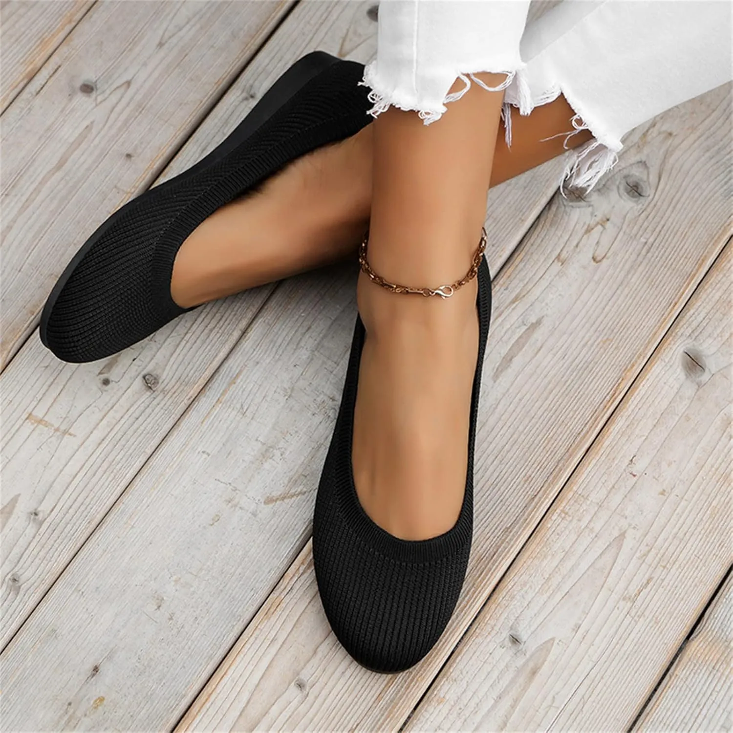 Womens Flat Shoes Knit Ballet Shoes Round Toe Slip on Loafer Casual Business Shoe Comfort Soft Office Flats