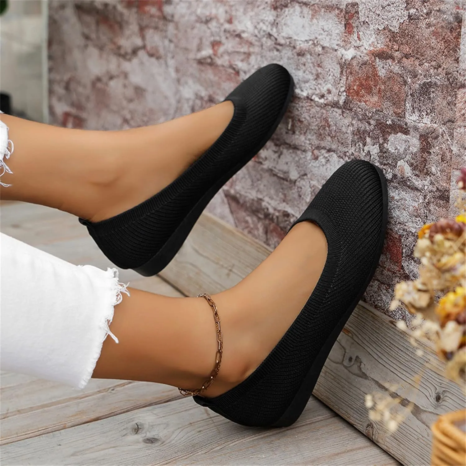Womens Flat Shoes Knit Ballet Shoes Round Toe Slip on Loafer Casual Business Shoe Comfort Soft Office Flats