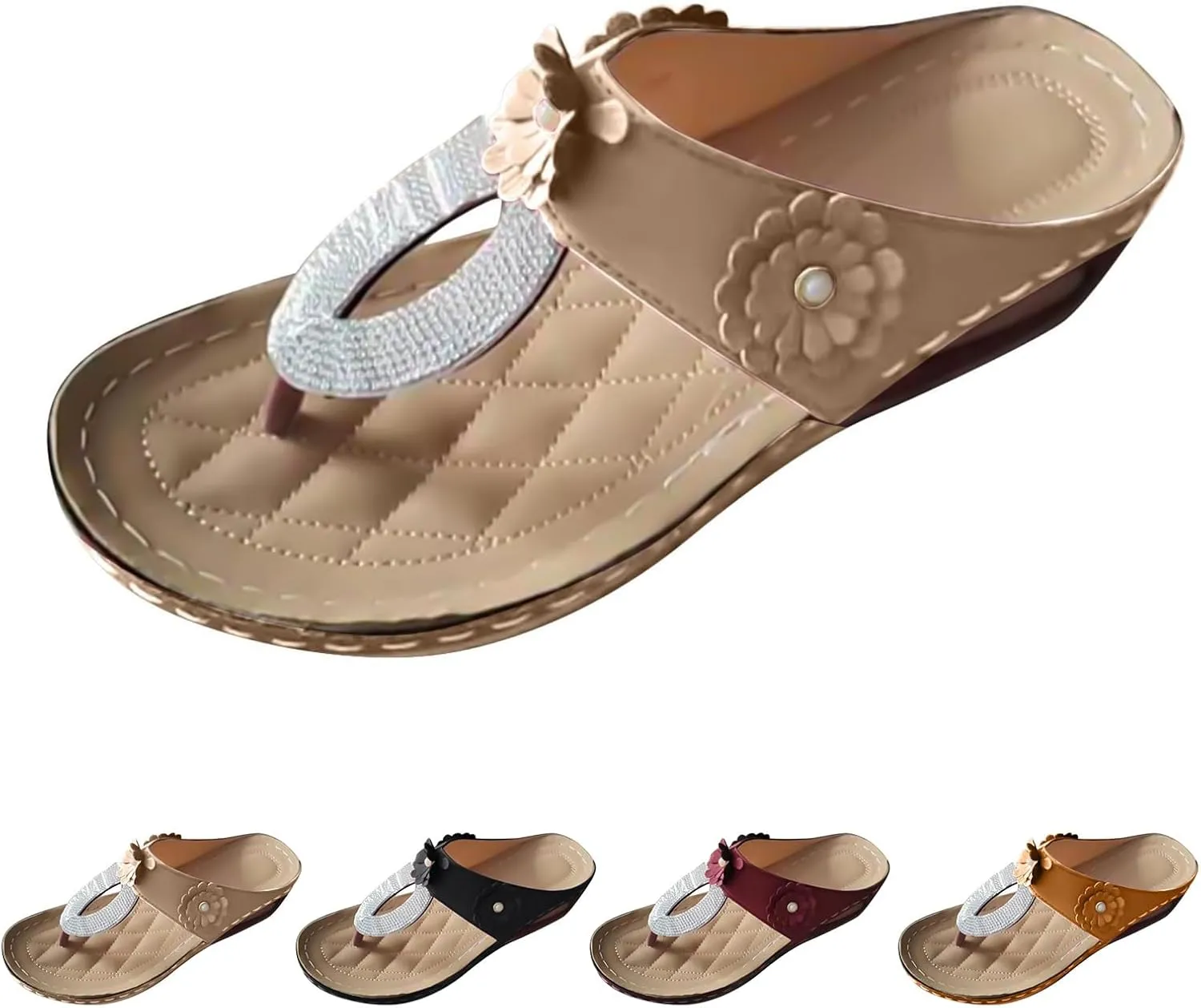 Womens Flip Flops Flower Rhinestones Thong Sandals Summer Casual Clip Toe Sandals Comfortable Walking Shoes Boho Beach Shoes